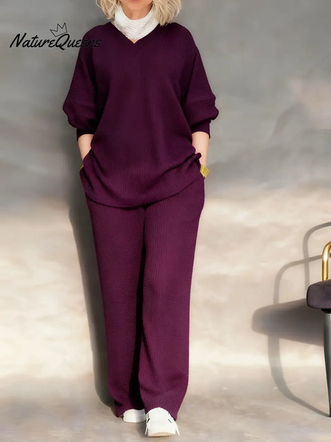 Women's Solid Color V-neck Long Sleeve Casual Loose Waffle Knit Top And High-waisted Wide-leg Pants Set