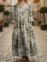 Women's Artistic Vintage Flowers Print Pocket Cotton Dress