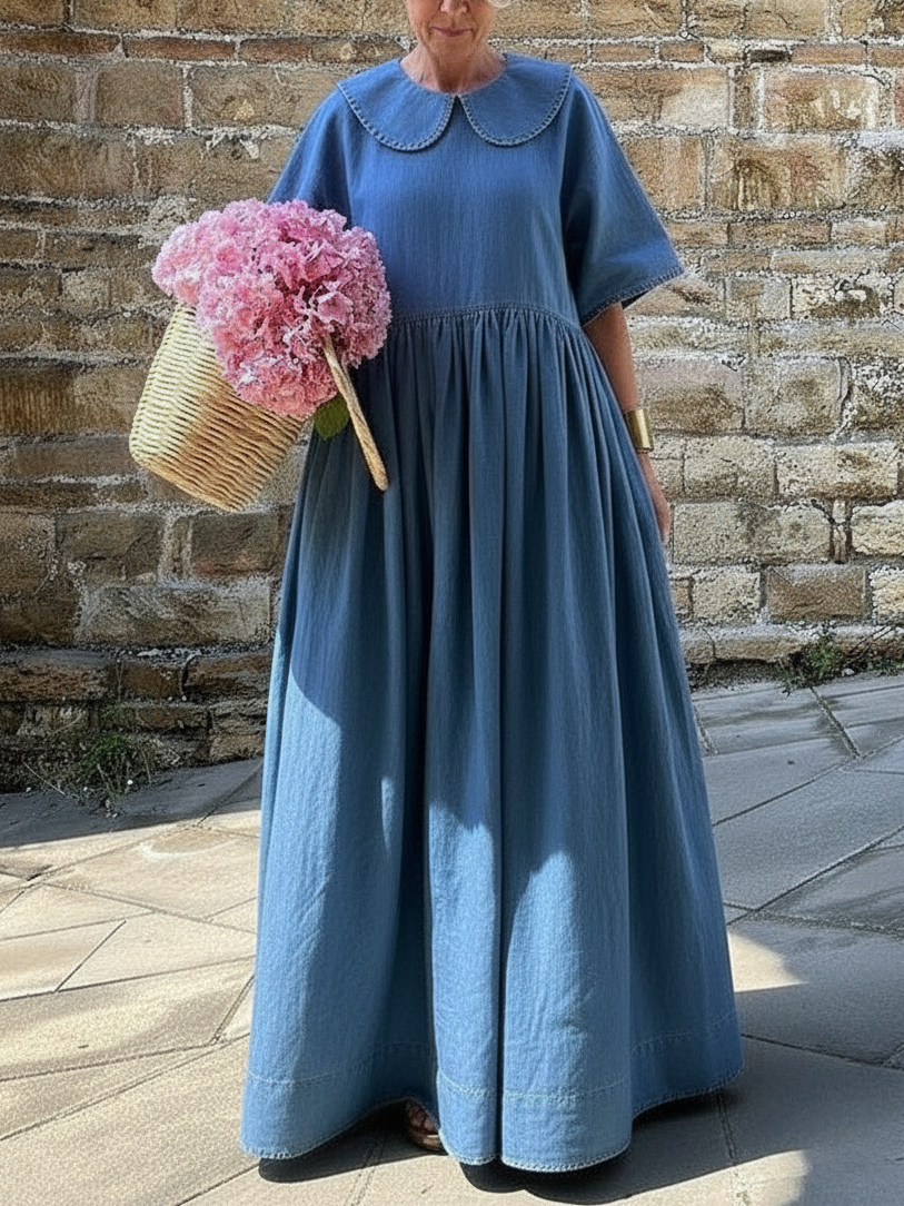 Cozy Vintage Peter Pan Collar Loose Denim Cotton Dress