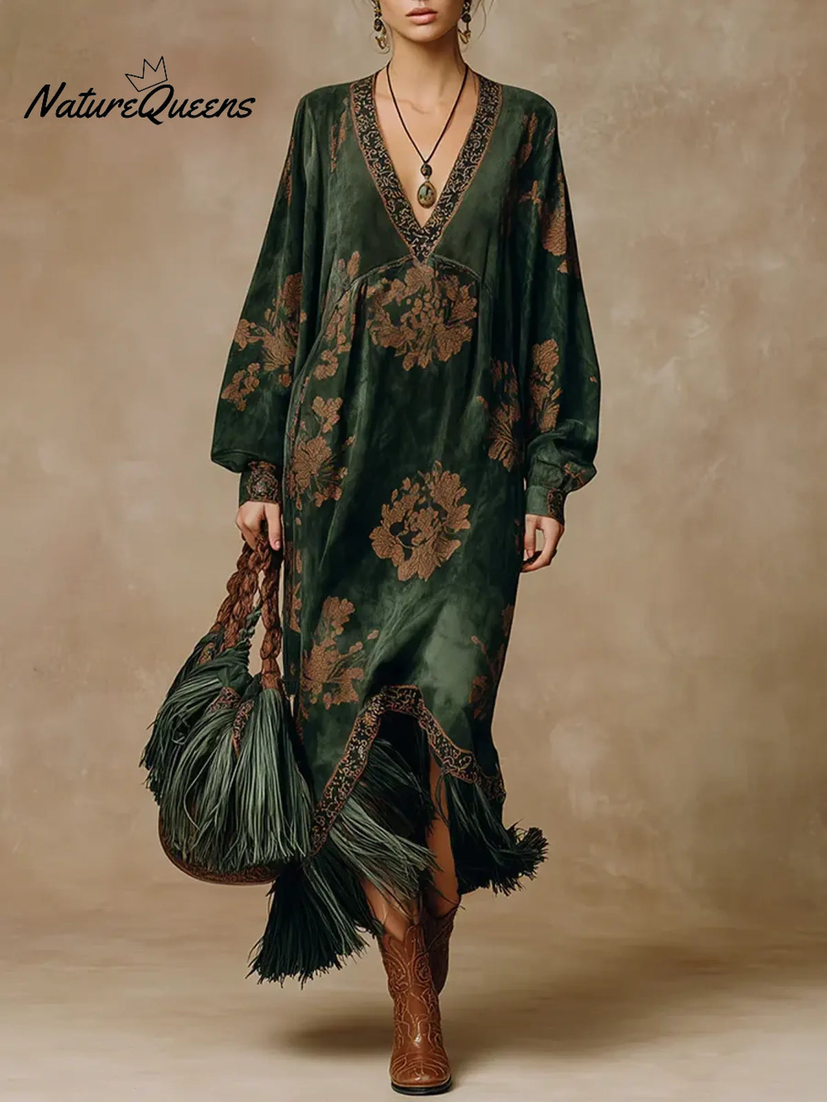 Women's Retro Print V-neck Long-sleeved Casual Loose Suede Tassel Dress