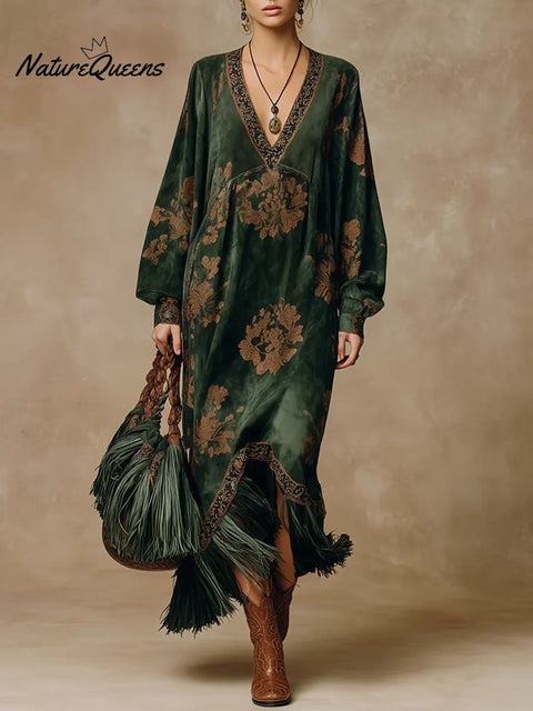 Women's Retro Print V-neck Long-sleeved Casual Loose Suede Tassel Dress