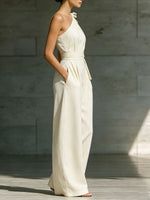 Women's One-shoulder Tie-detail Ruched Loose-fit Sleeveless Jumpsuit