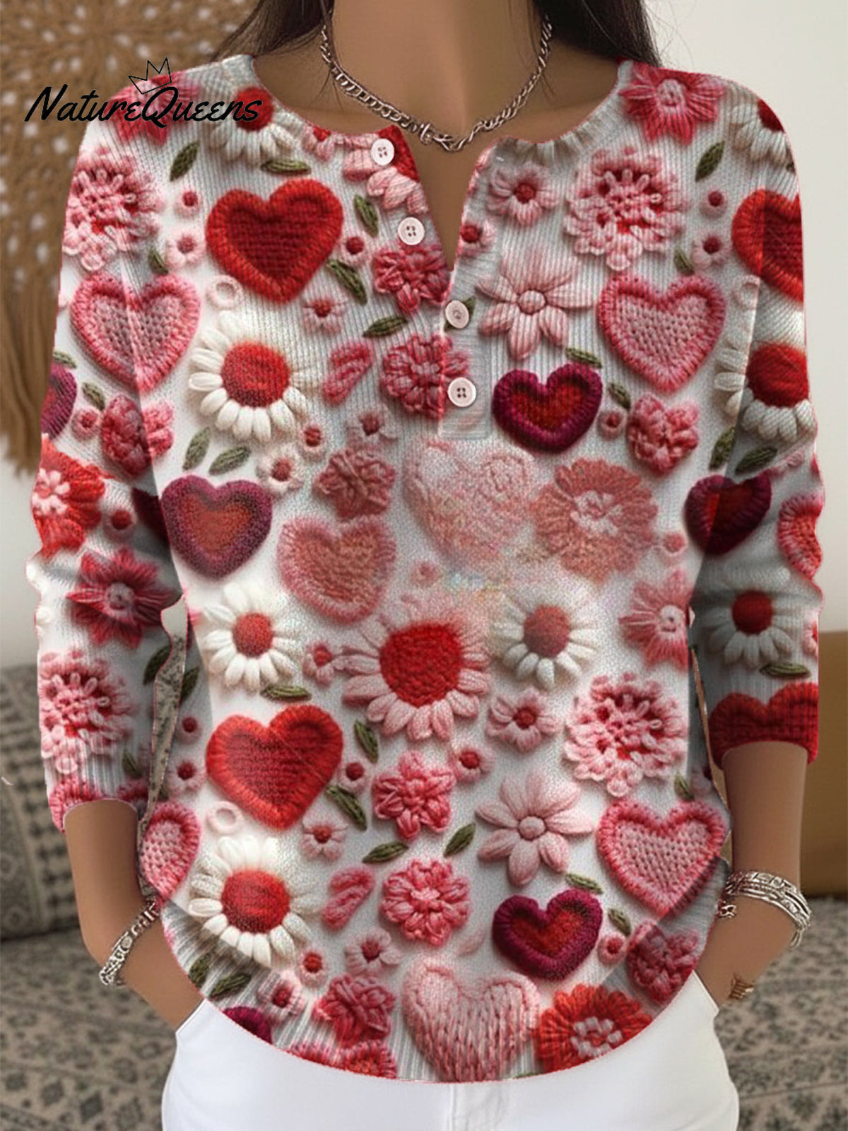 Women's Retro Plaid Heart Art Print Valentine's Day Casual Sweater