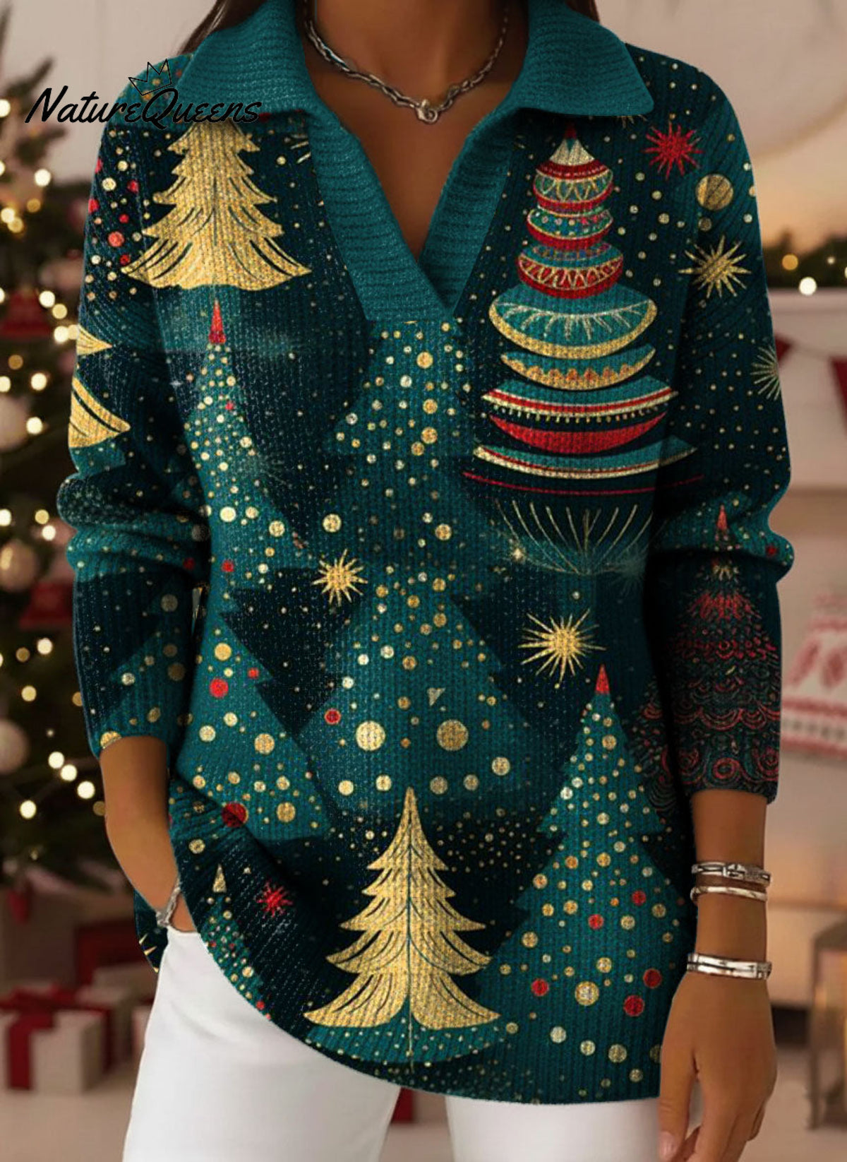 Retro Christmas Trees Snowflake Art Pattern Polo Collar Shiny Loose Sweater Top