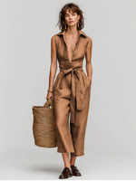 Minimalist & Cozy Sleeveless Button-front Cotton-linen Jumpsuit