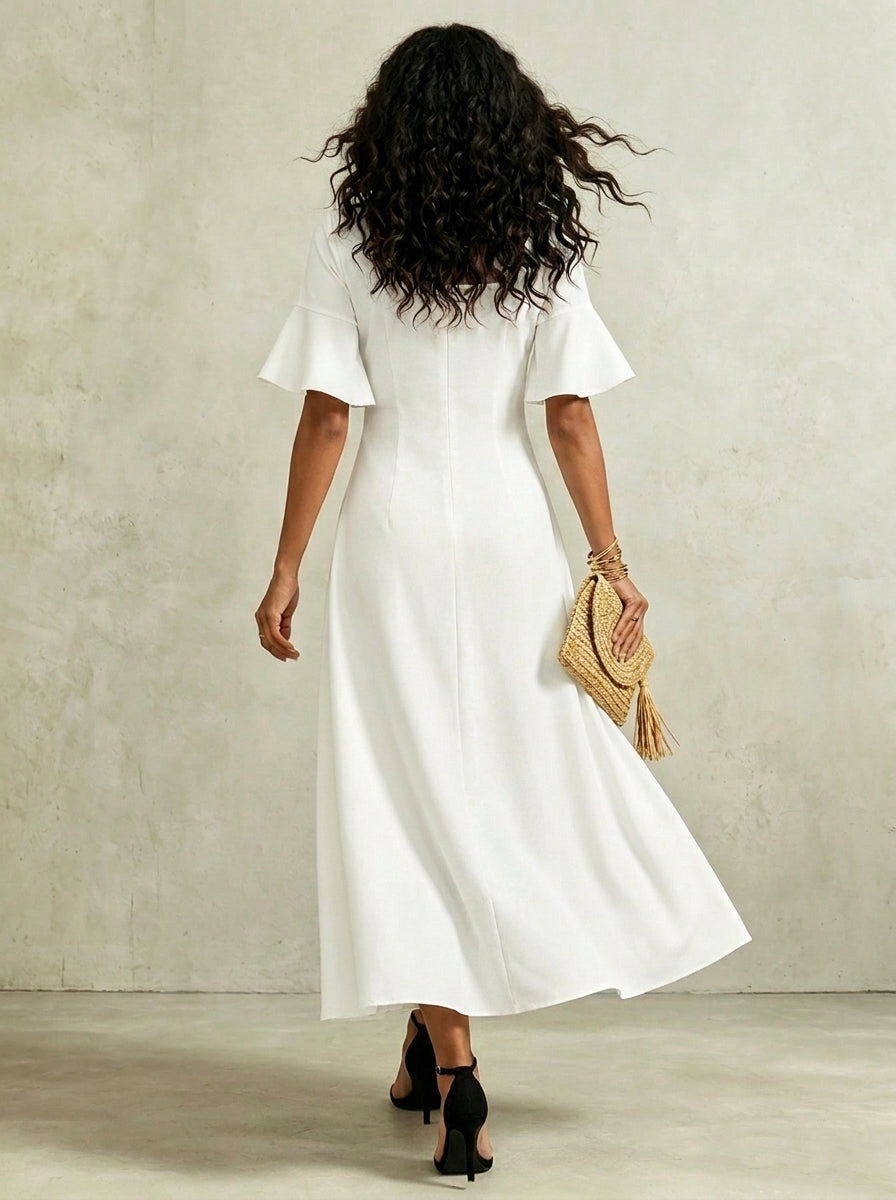 Women’s Elegant Ruffled Hem Short-sleeve Square Neckline Sequin Stripe Maxi Dress