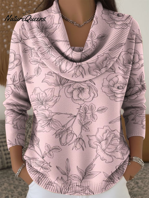 Elegant Floral Line Sketches Decorative Patterns Women's Casual Swing Collar Long Sleeve Sweater