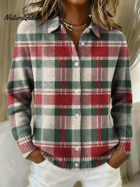 Women's Retro Christmas Stripes Printed Collared Sweater