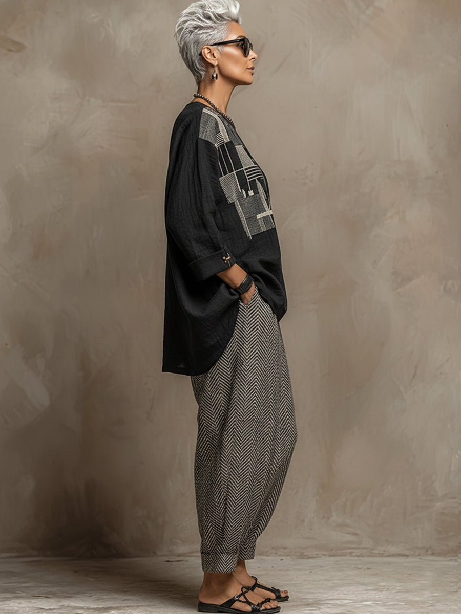 Bohemian Art Print Linen And Cotton Two-piece Top And Pants Set