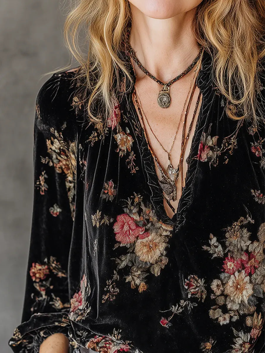Women's Retro Floral Art Casual Ruffled Velvet Long Sleeve Shirt