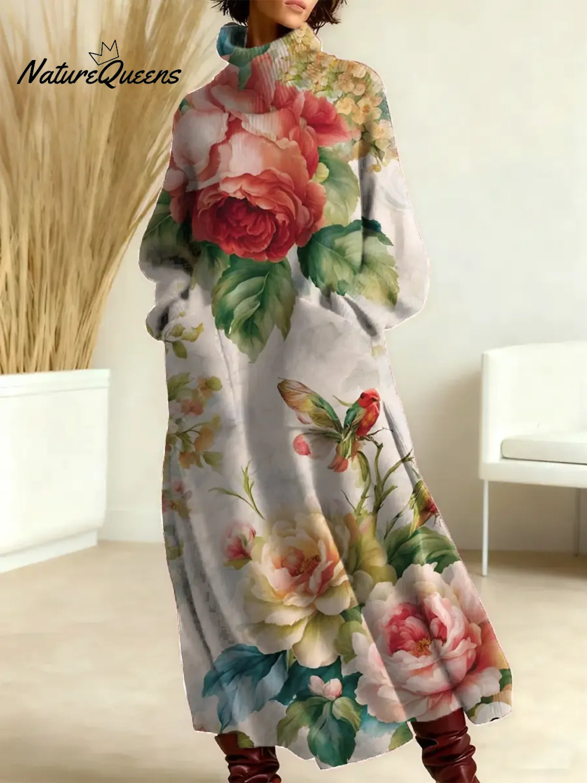 Women's Floral Pattern Art Print Casual Cotton Knitted Dress