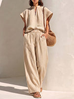 Minimalist Stand-collar Zip-up Top & Wide-leg Pants Two-piece Set