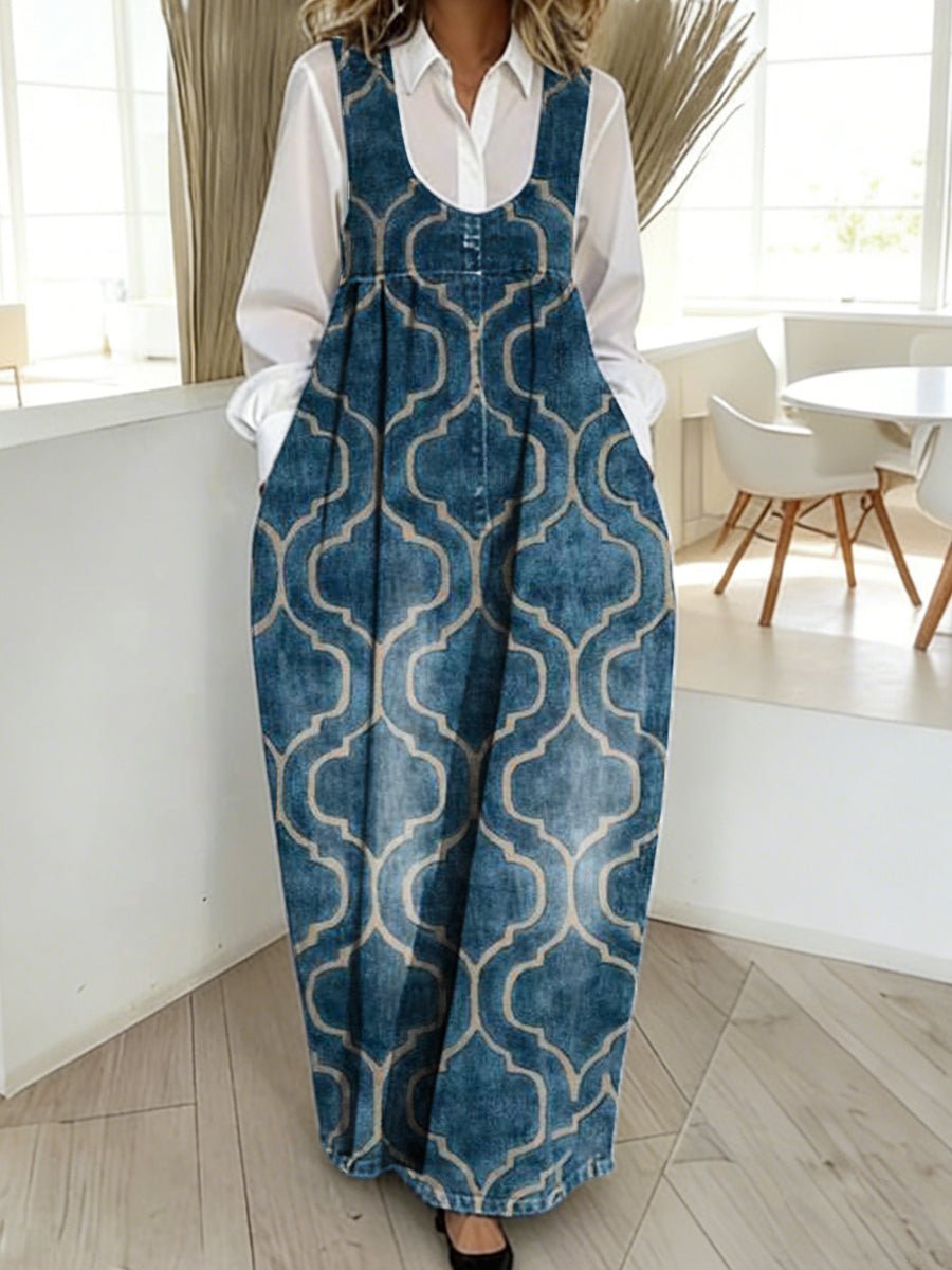 Women's Retro Geometric Art Print Casual Loose Denim Vest Dress
