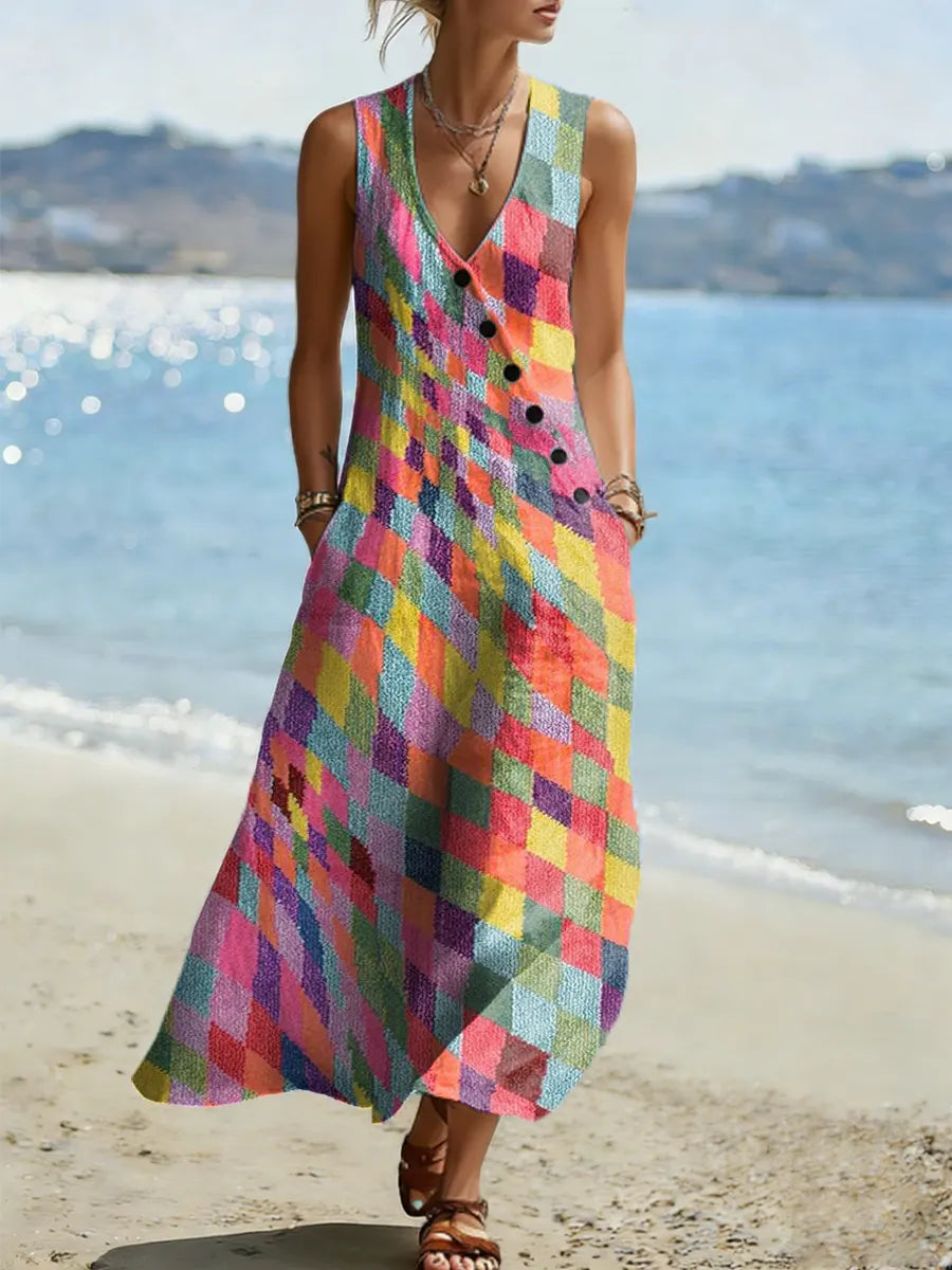 Women's Geometric Pattern Art Print Casual Cotton Linen Dress