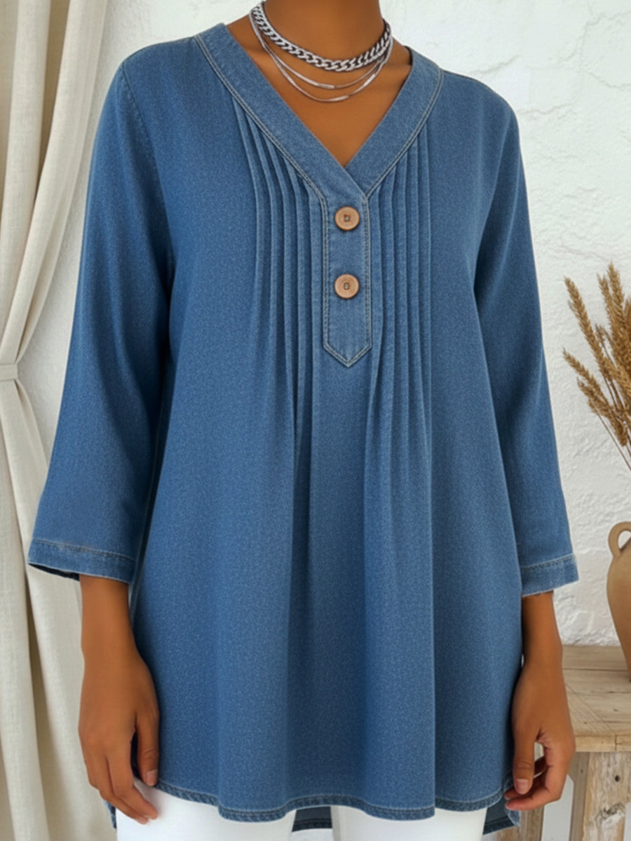 Casual V-neck Pleated Button-up Denim Cotton Top