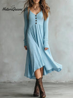 Women's Solid Color V-neck Long-sleeved Loose A-line Knitted Dress