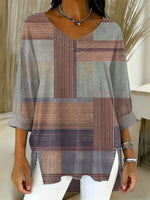 Women's Retro Geometric Art Print Casual Washed Denim Cotton Top