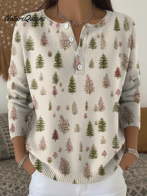 Christmas Tree Print Buttoned Cardigan Sweater