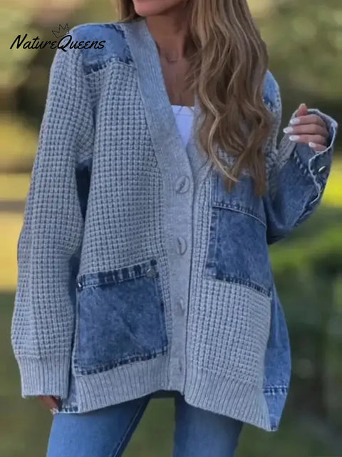 Women's Casual Loose Patchwork Denim Cardigan Sweater