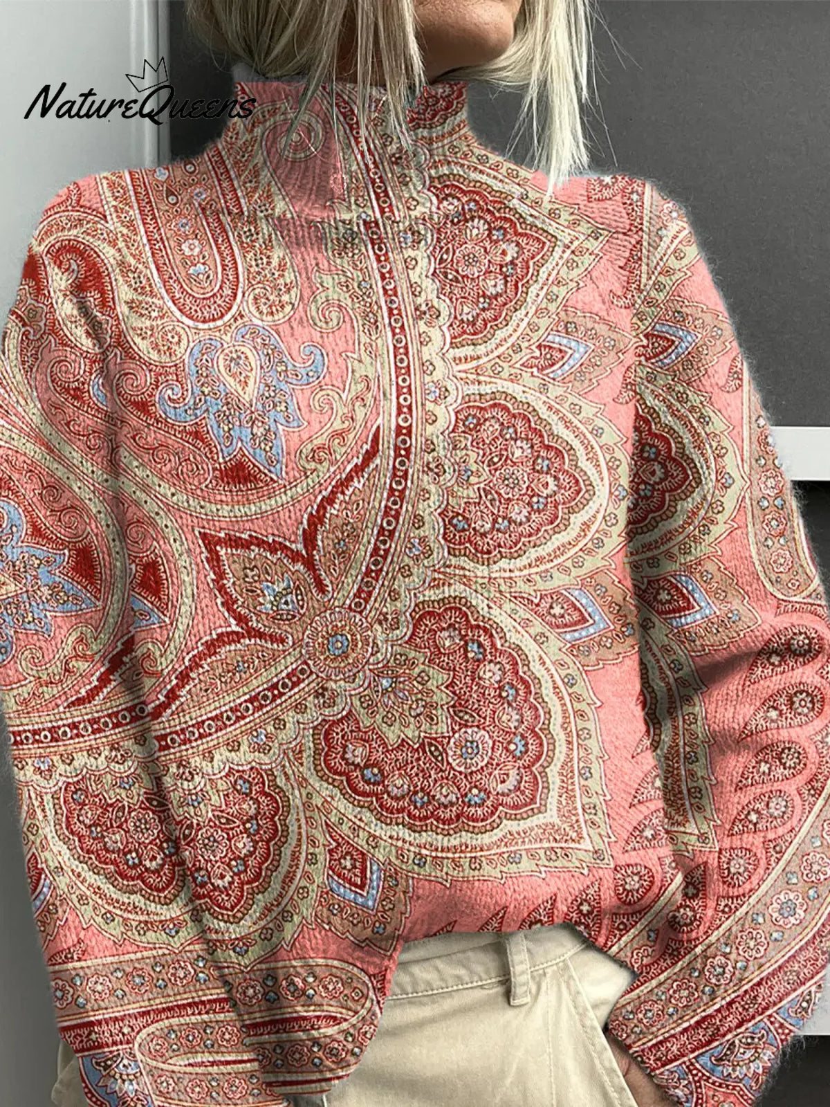 Women's Floral Pattern Art Print Casual Turtleneck Sweater