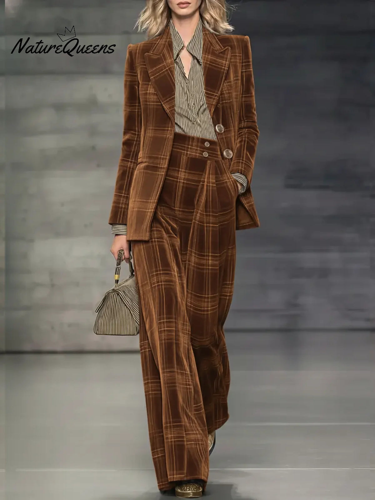 Women's Velvet Plaid Suit Jacket And Trousers Two-piece Set