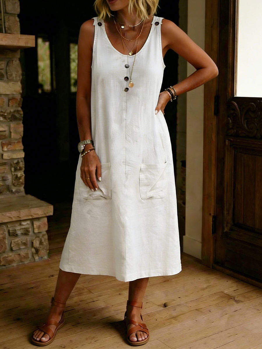 Casual Loose-fitting Linen And Cotton Sleeveless Dress