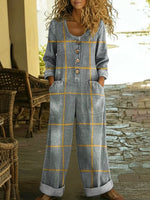 Women's Plaid Pattern Art Print Casual Cotton Denim Jumpsuit