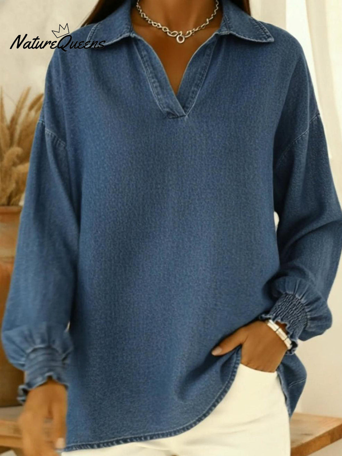 Casual Polo-neck Denim Pullover Shirt