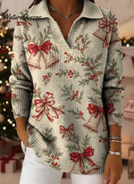 Christmas Gradient Art Pattern Polo Collar Shiny Loose Sweater Top