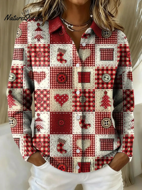 Women's Retro Red Christmas Cube Printed Collared Sweater
