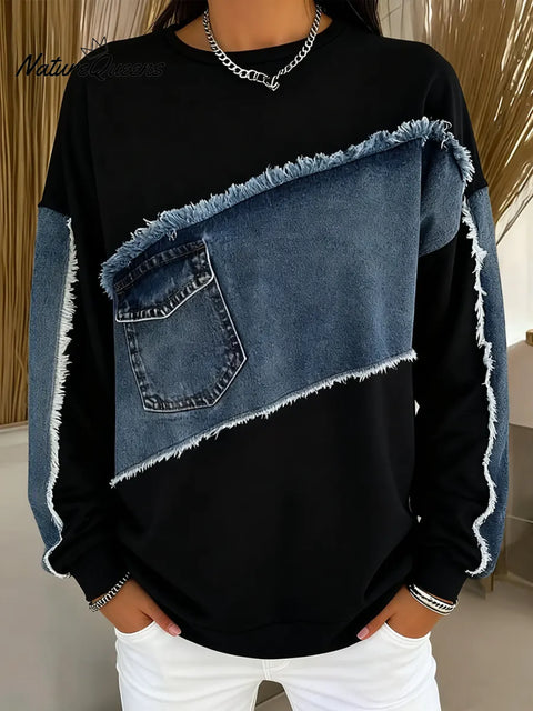 Women's Round Neck Long Sleeve Casual Loose Denim Patchwork Knit Top