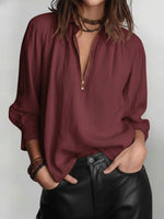 Women's Solid Color Lapel Long-sleeved Casual Loose Cotton And Linen Top