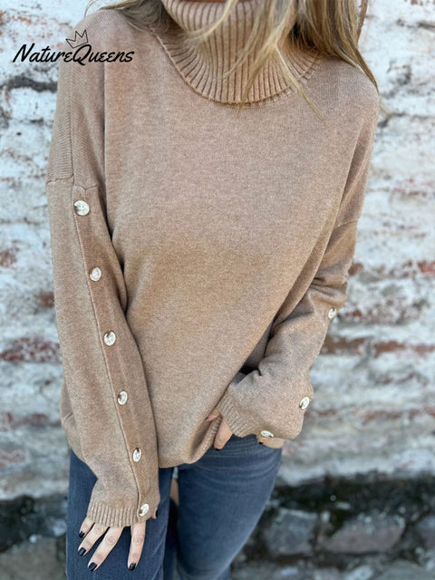 Women's Solid Color Casual Turtleneck Button Sweater