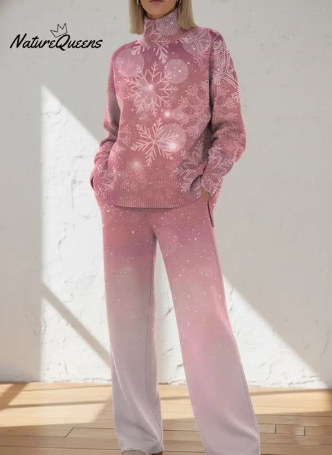 Retro Pink Gradient Snowflake Casual High-neck Top And Straight-leg Pants Set