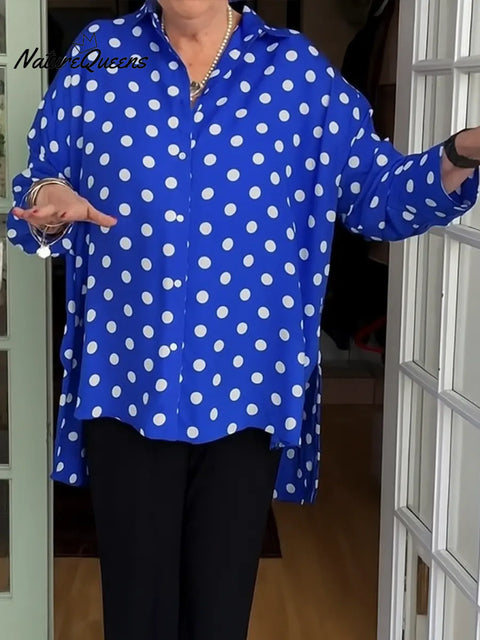 Women's Polka Dot Print Collared Long-sleeved Casual Loose Cotton-linen Shirt