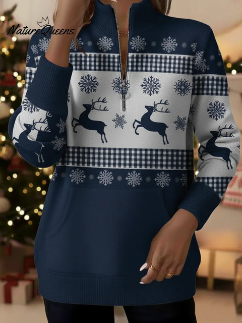 Christmas Snow Night Loose Stand Collar Zip-up Sweatshirt