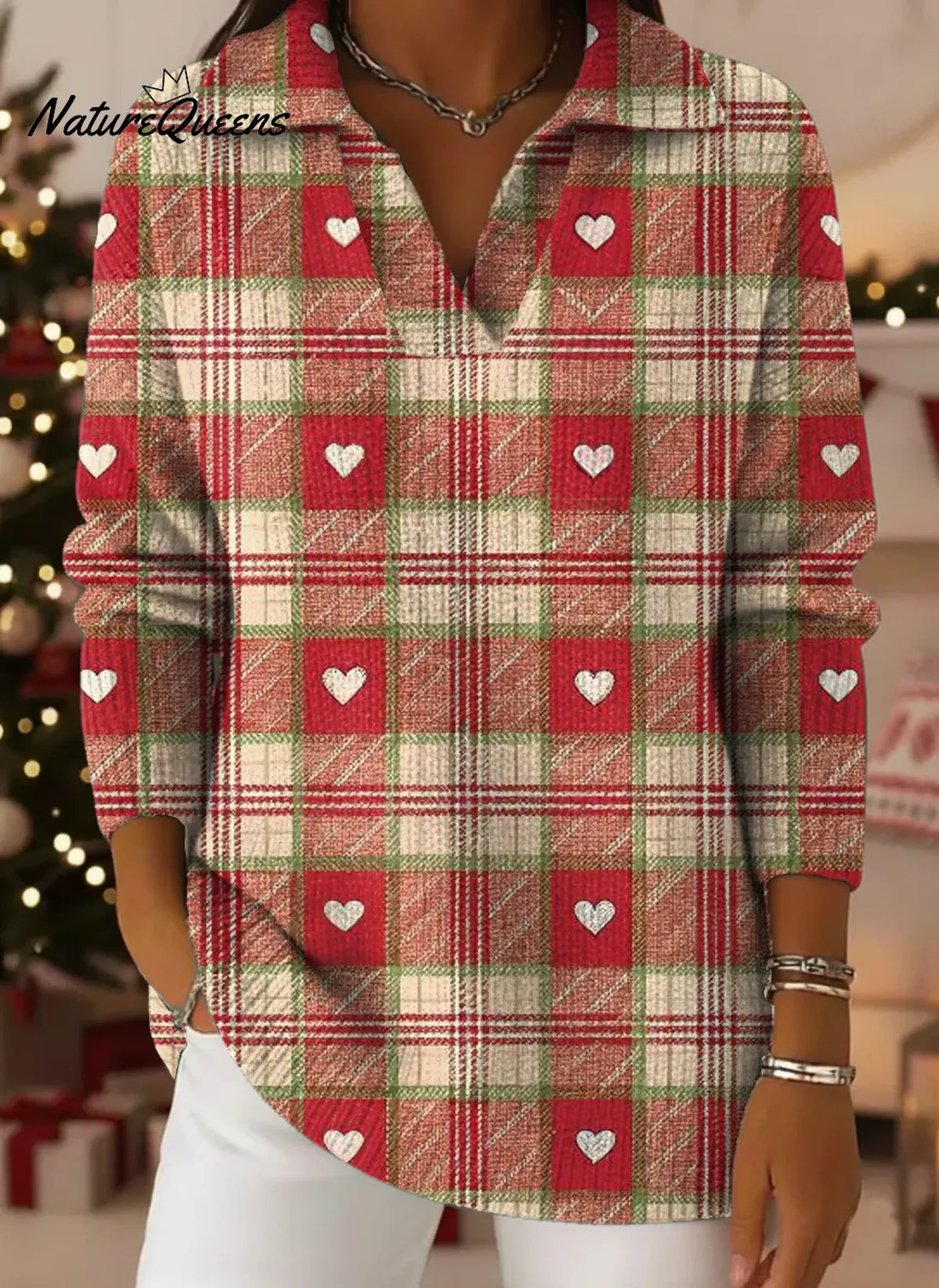 Women's Plaid Love Pattern Art Print Casual Cotton Sweater