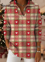 Women's Plaid Love Pattern Art Print Casual Cotton Sweater
