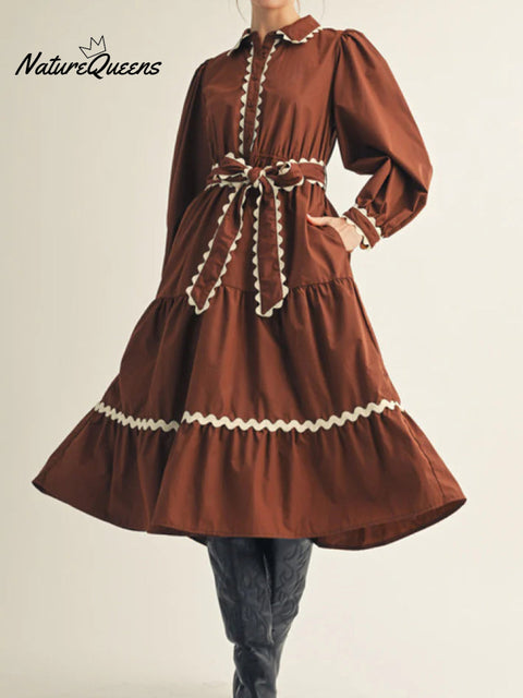 Women's ribbon contrast solid color long-sleeved cotton dress