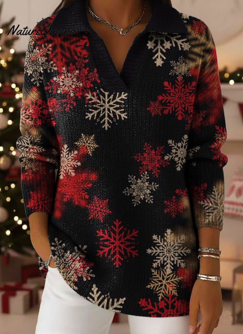 Retro Christmas Snowflake Art Pattern Polo Collar Shiny Loose Sweater Top