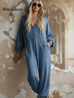 Casual Cozy Loose Hooded Button-up Cotton Jumpsuit