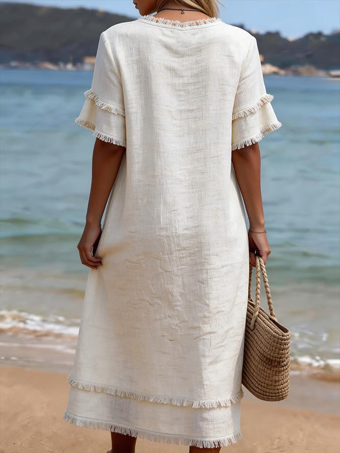 Jacquard Raw-edge V-neck Linen Resort Dress