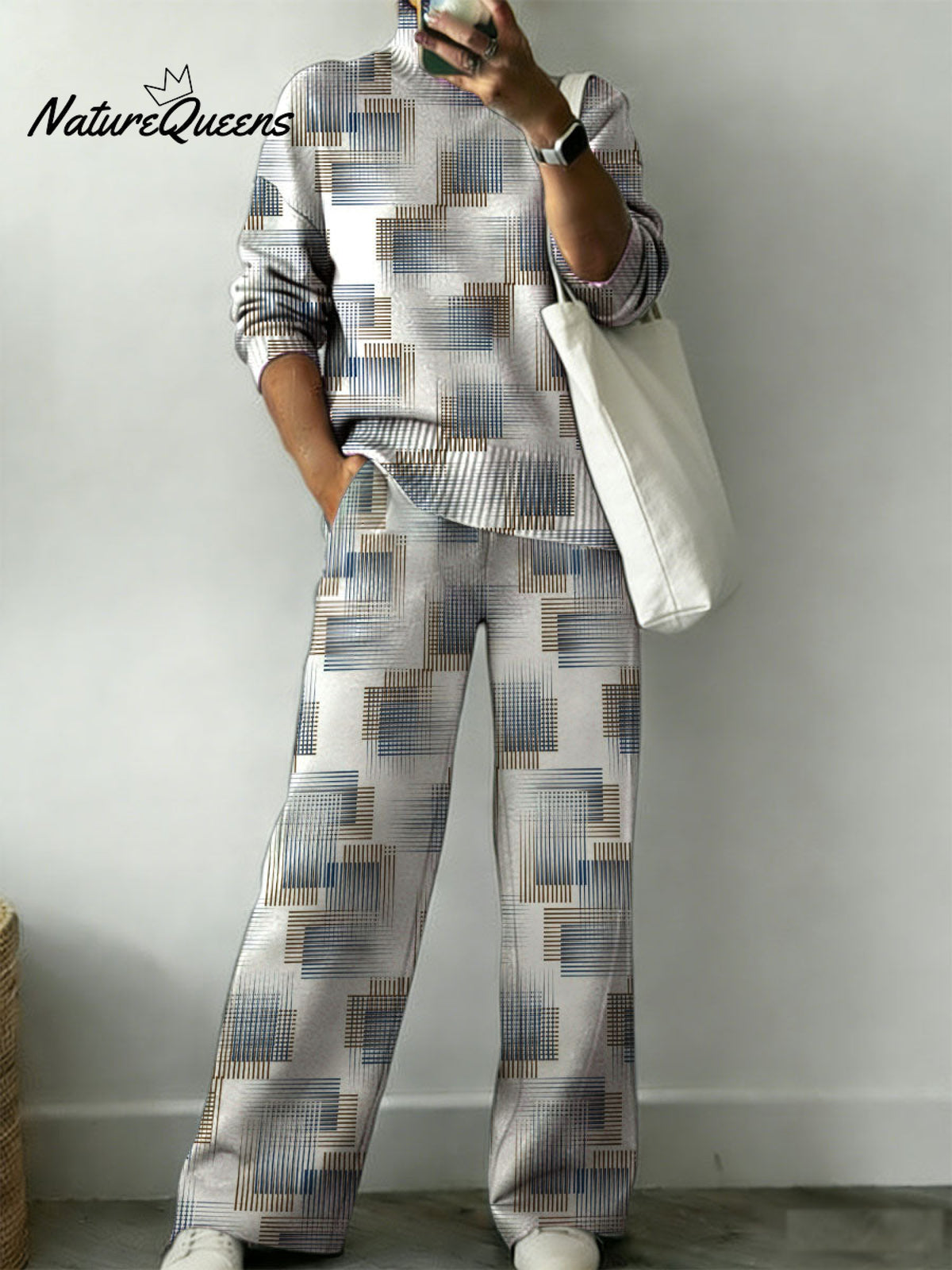 Geometric Lines Square Decorative Patterns Casual Stand Collar Long Sleeve Top And Elastic Waistband Pants