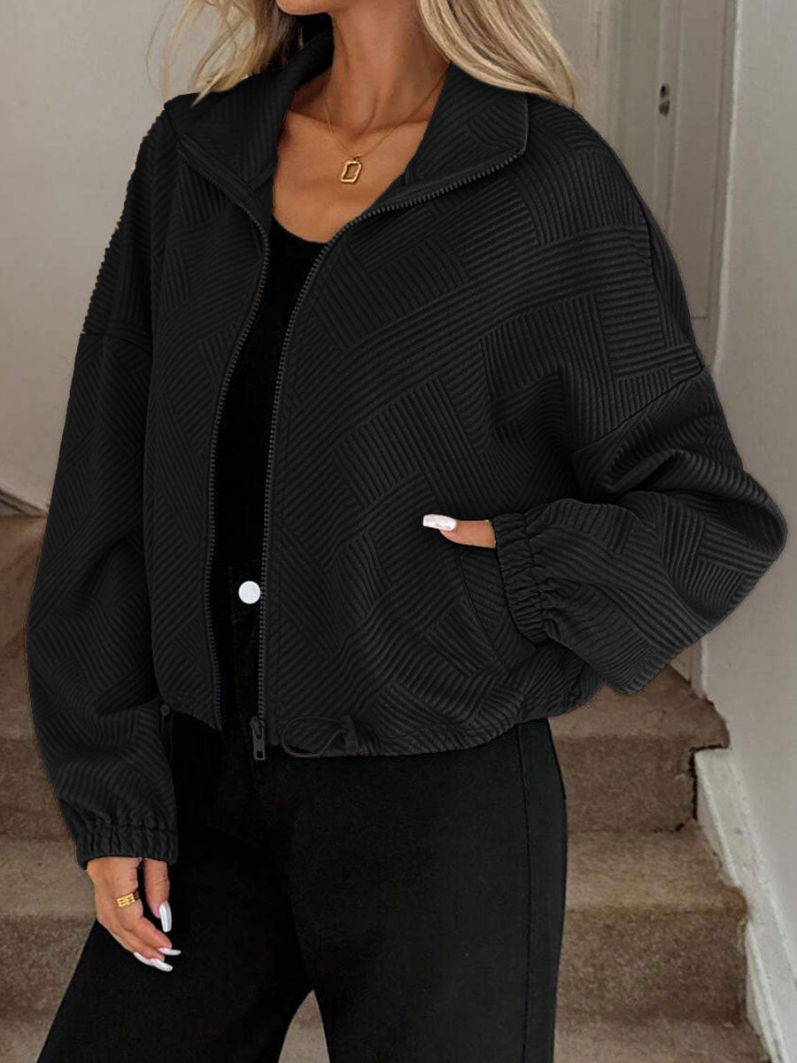 Women's High-neck Zippered Hem Drawstring Pocket Loose Coat