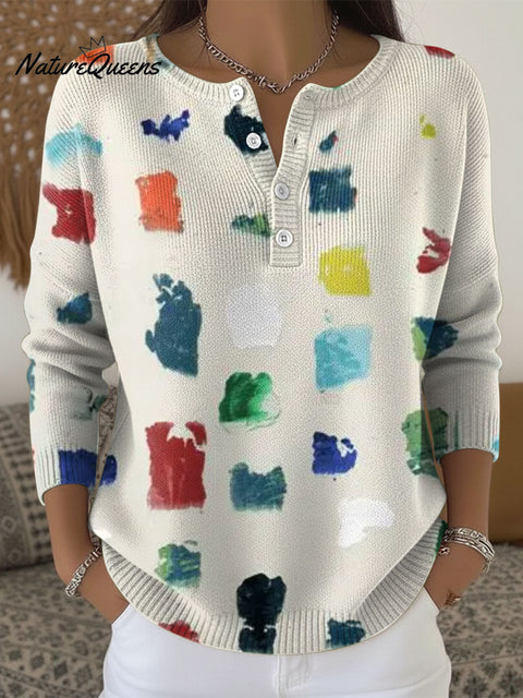 Women's Multicolor Pattern Art Print Buttoned Cardigan Sweater