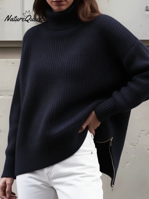 Casual Turtleneck Sweater Top With Side Zipper