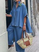 Casual Denim Irregular Hem Shirt And Wide-leg Pants Two-piece Set