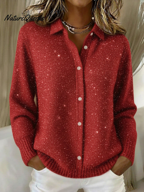 Women's Christmas Shirt Button Sequin Sparkling Sweater