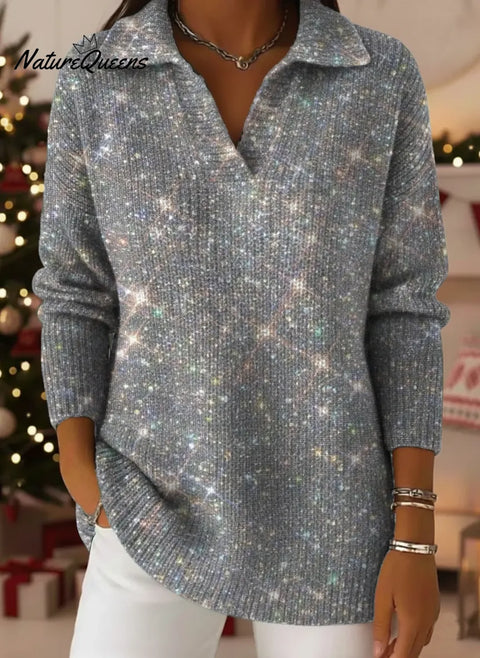 Shiny Print Lapel Casual Knit Sweater