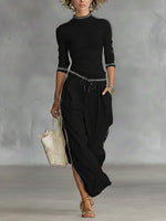 Cozy Stretch Knit Top And Linen And Cotton Trousers Two-piece Set